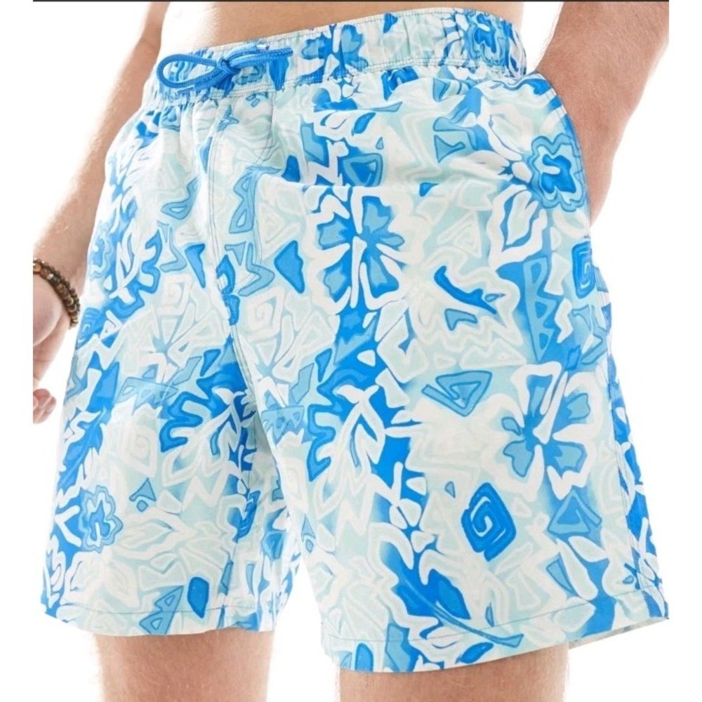 ASOS Design Men's Tropical Vintage Mid Length Swim Shorts AP2 Turquoise Large